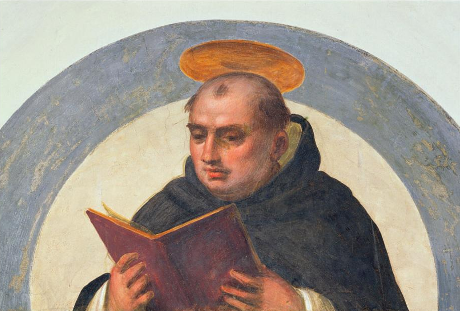 A painting of a Saint Thomas Aquinas reading a book.