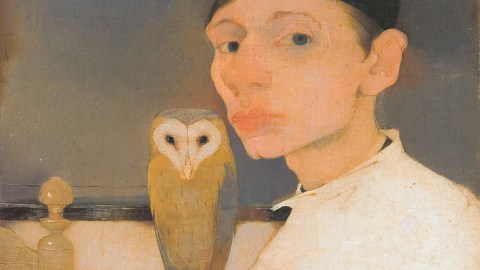 a painting of a man with an owl on his shoulder.