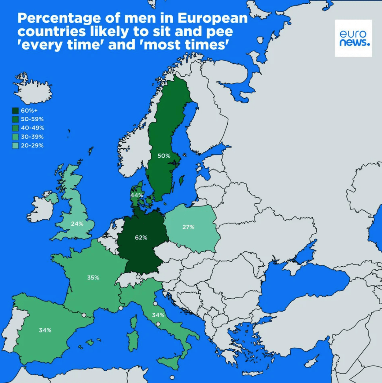 座って小便をする可能性が高いヨーロッパ諸国の男性の割合を示すヨーロッパの地図。