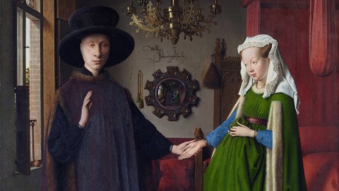 a painting of a woman shaking hands with a man.