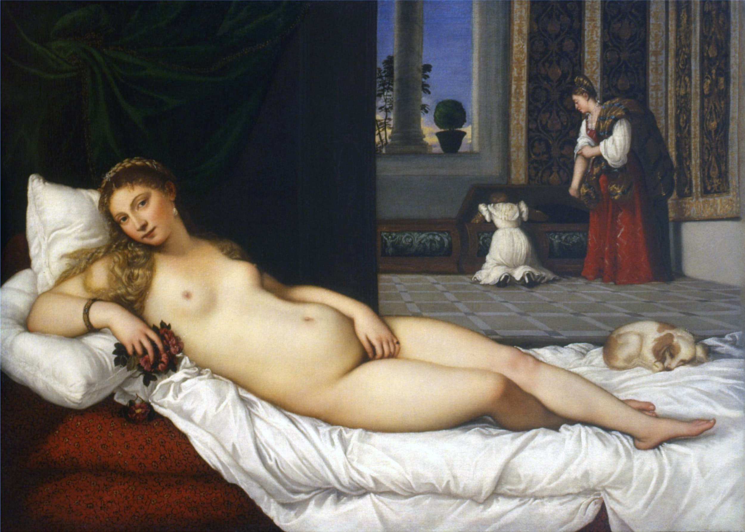 A painting of a naked woman laying on a bed.