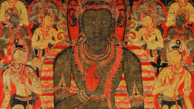 a painting of a buddha surrounded by other figures.