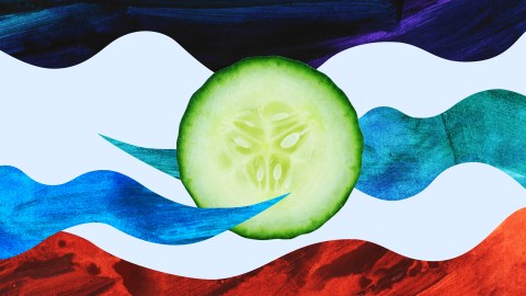 a painting of a cucumber with a face on it.