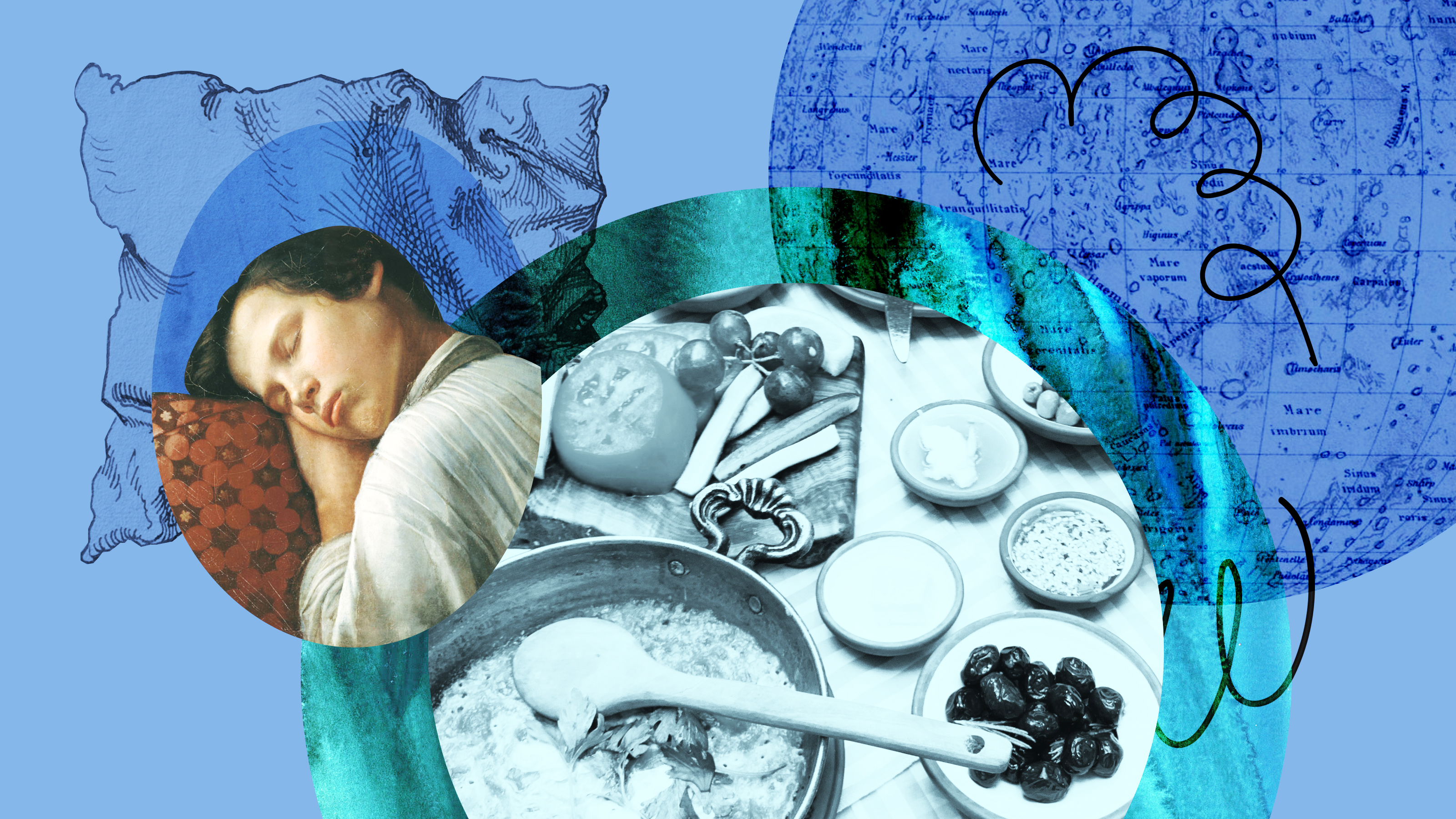 a collage of a woman sleeping on a pillow next to a bowl of food.