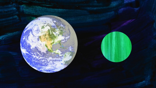 a painting of a green and a blue planet.