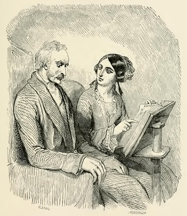 a drawing of a man and woman sitting next to each other.