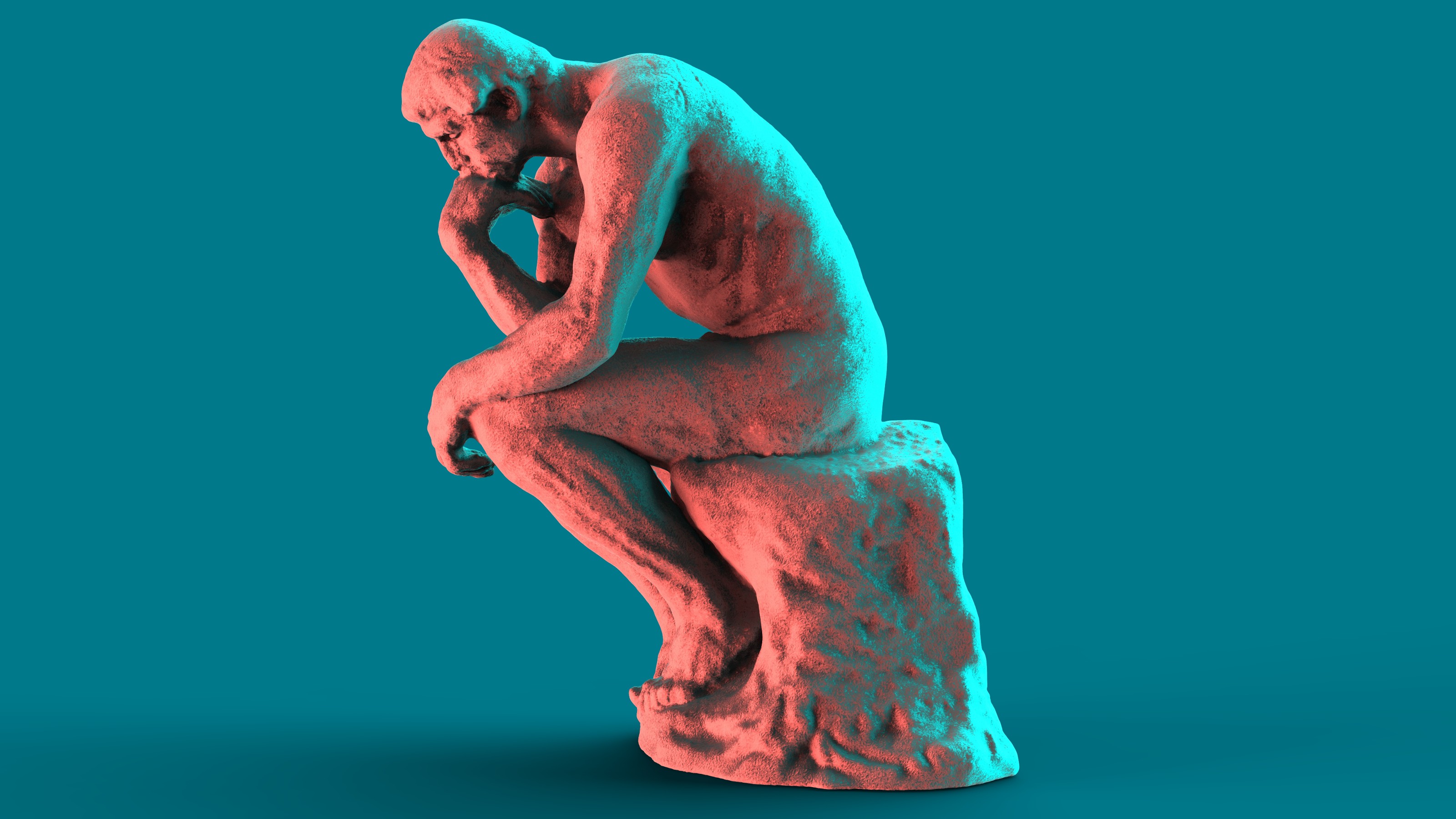 A statue of a thinker pondering philosophical ideas on a blue background.