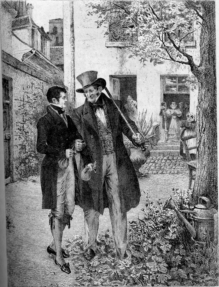 a black and white illustration of two men talking in front of a house.