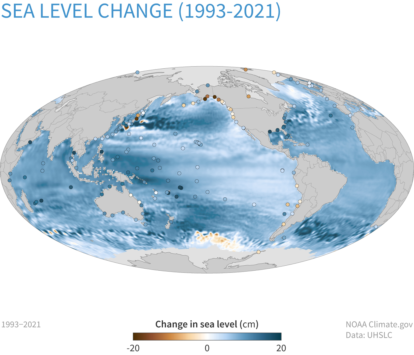 map showing sea level rise 1993-2021
