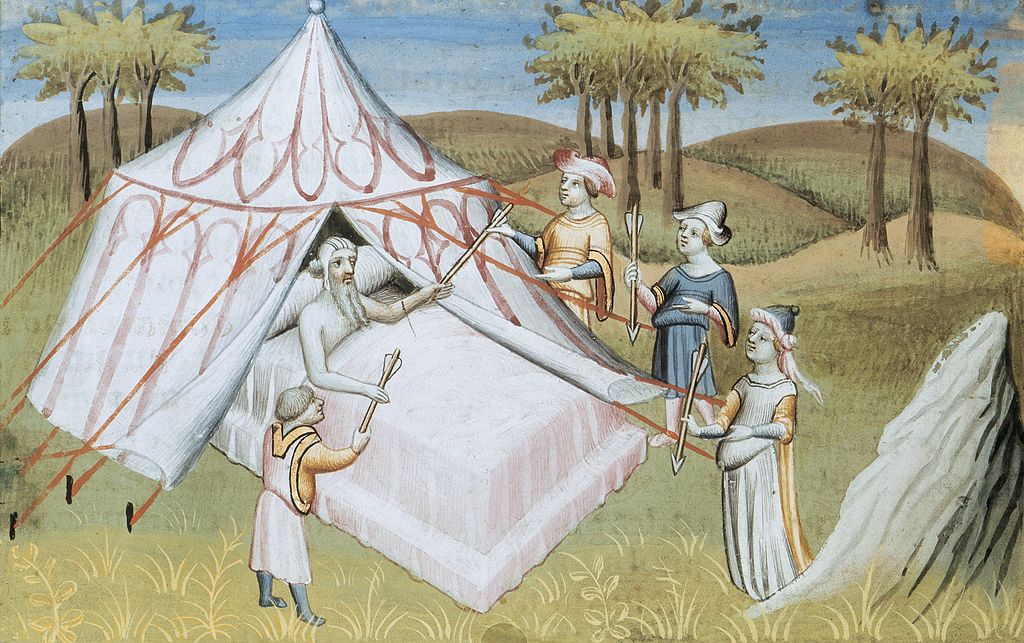 a painting of a tent with people around it.