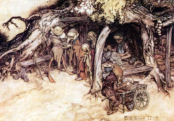 A Tolkien-inspired drawing featuring a hut with people in it.