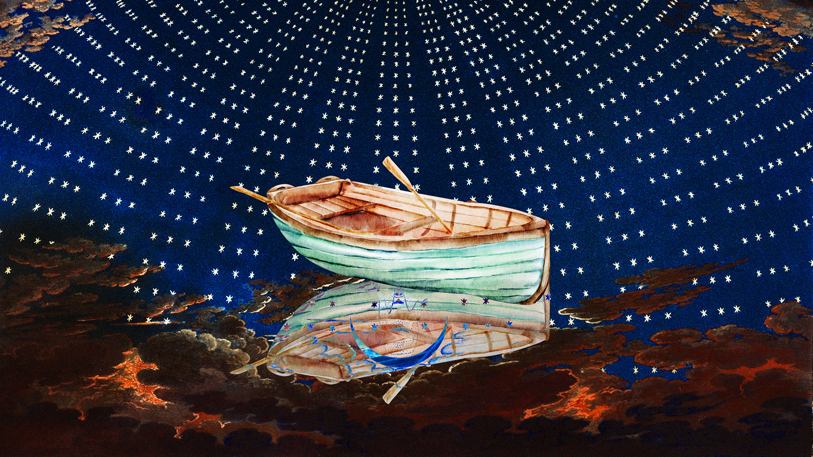 a painting of a boat floating on a body of water.