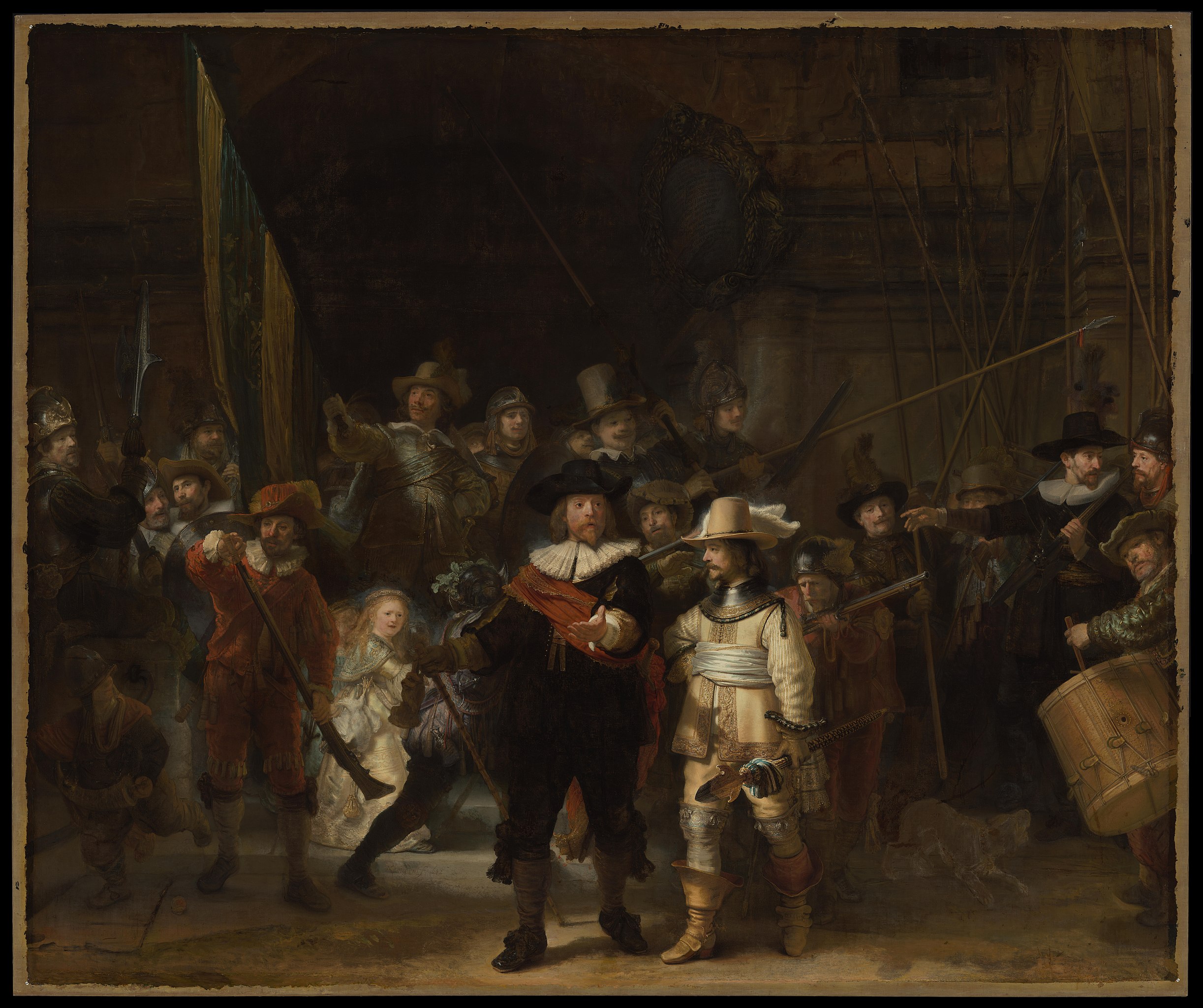 A painting of 17th-century militiamen preparing for their nightly rounds.