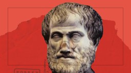 an image of a bust of aristotle with a red background.