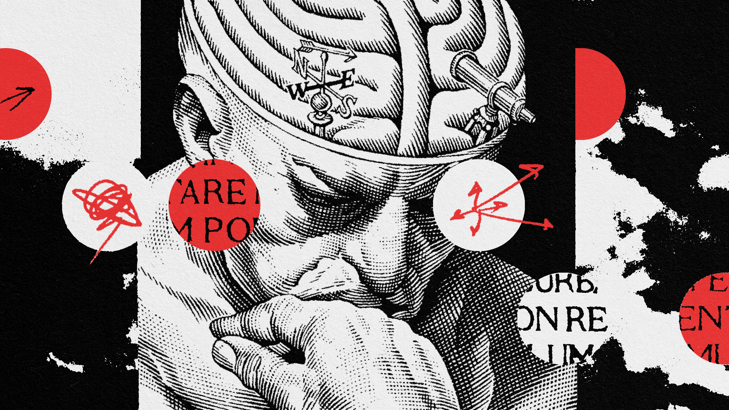 a black and white drawing of a man with a brain on his head.