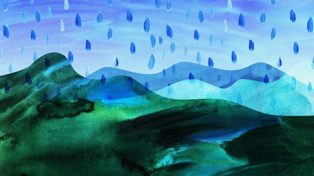 a painting of a landscape with mountains and rain.