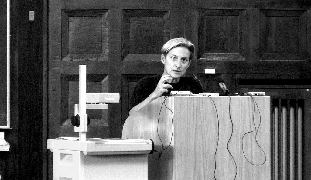 A black and white photo of Judith Butler
