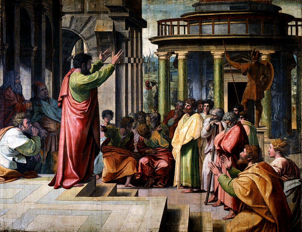 A painting of the Apostle Paul standing in front of a group of people.