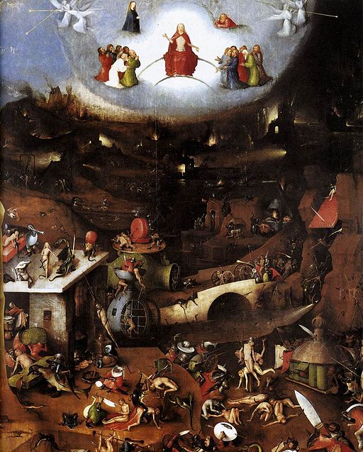 A painting of a scene with angels and demons.