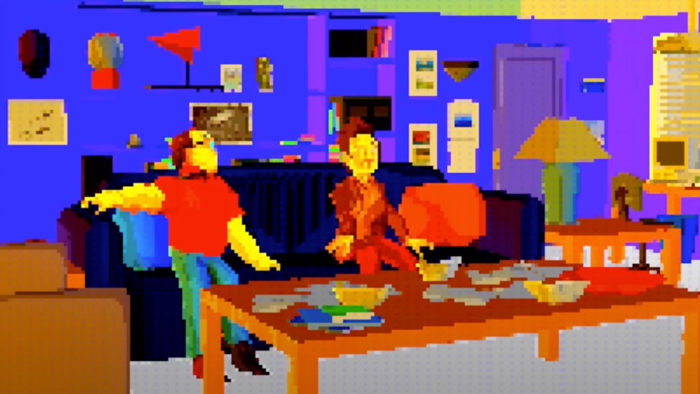 A pixelated image of two people in a living room.
