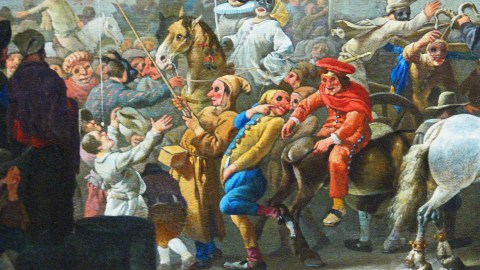 A carnival-themed painting of a crowd.