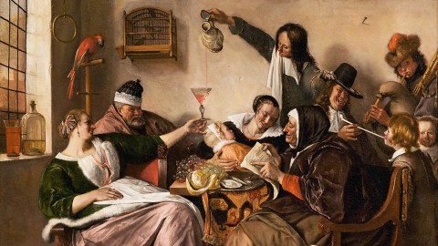 a painting of a group of people drinking in a room, depicting the extinction of gatherings.