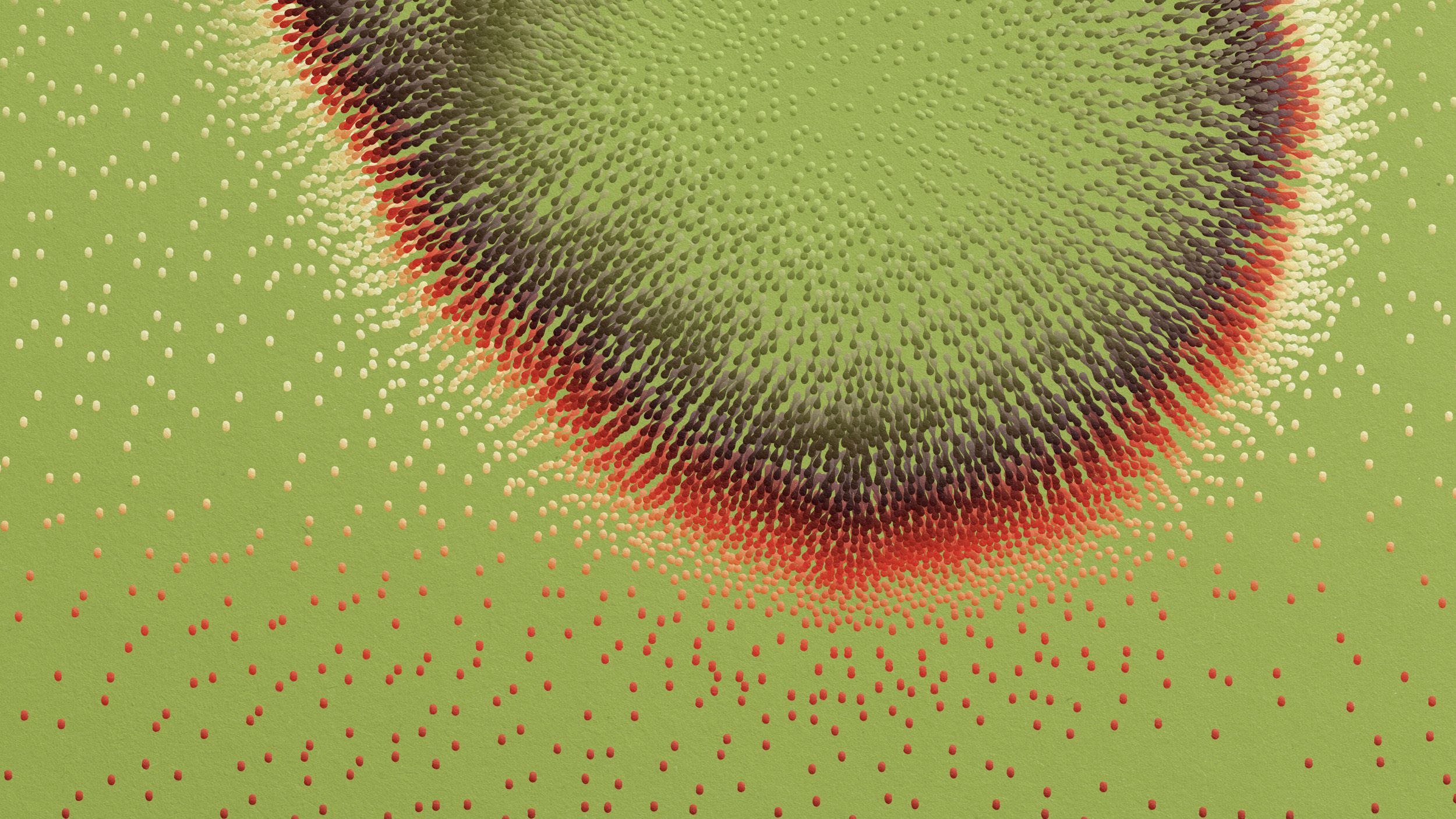 An image showcasing a quantum biology-inspired green, flower-like structure adorned with vibrant red dots.