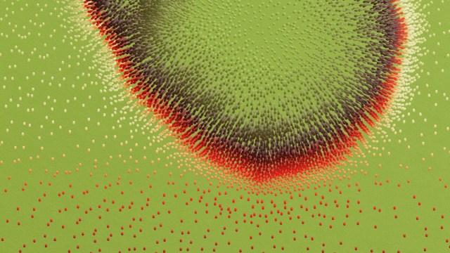 An image showcasing a quantum biology-inspired green, flower-like structure adorned with vibrant red dots.