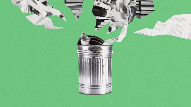 A green background with peer-reviewed papers overflowing from a trash can.