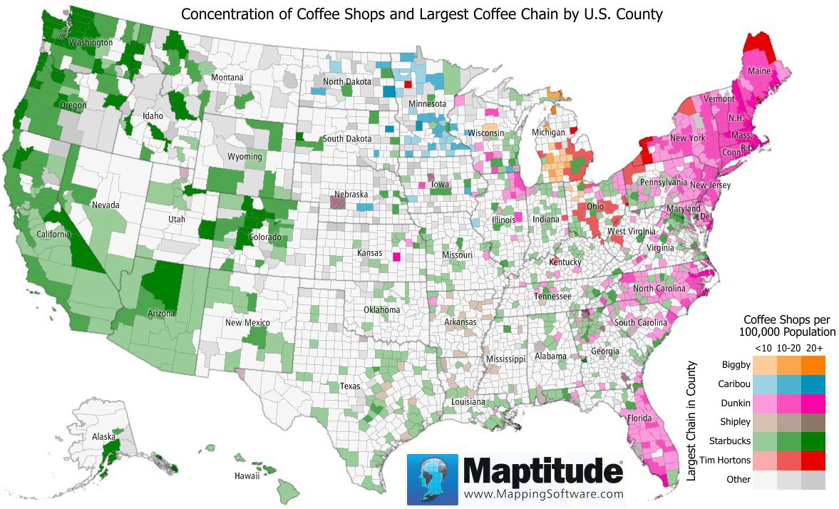 a map showing the distribution of coffee and coffee beans in the united states.