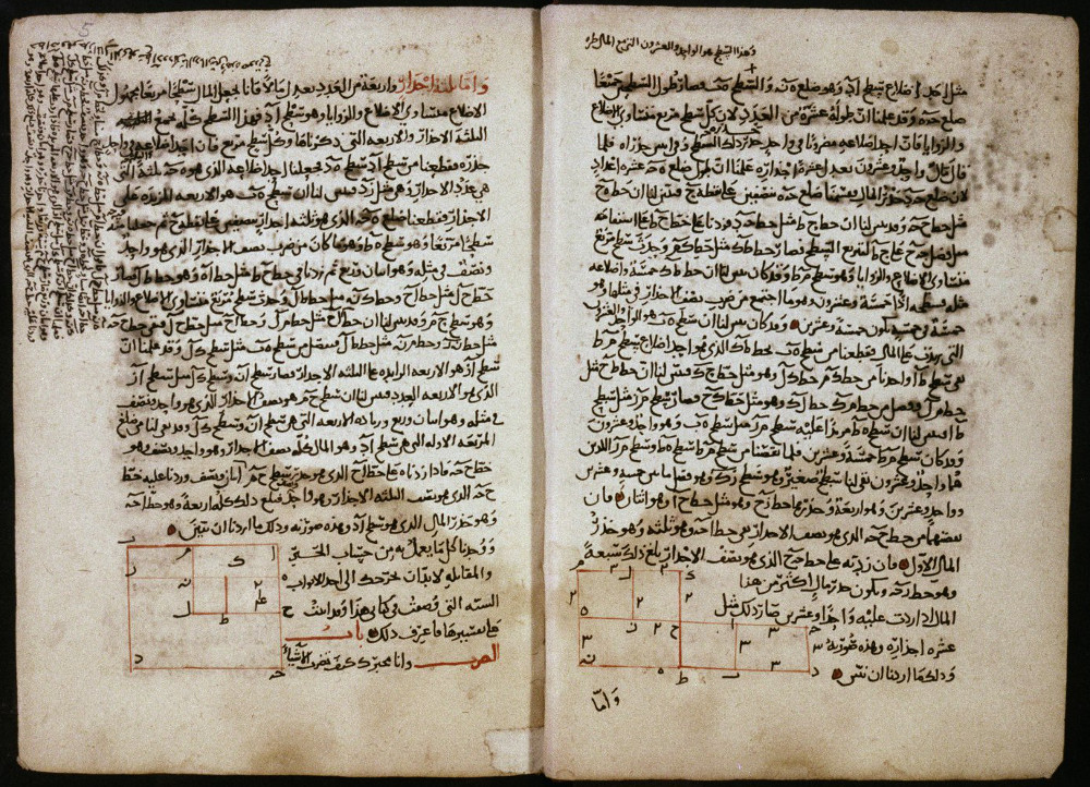 An open book with Arabic writing on it, featuring the letter x.