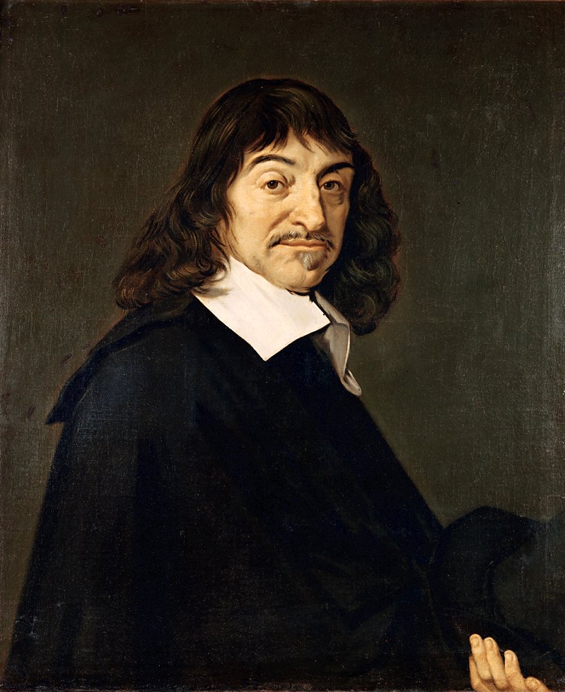 A painting of a man with long hair that includes the letter x.
