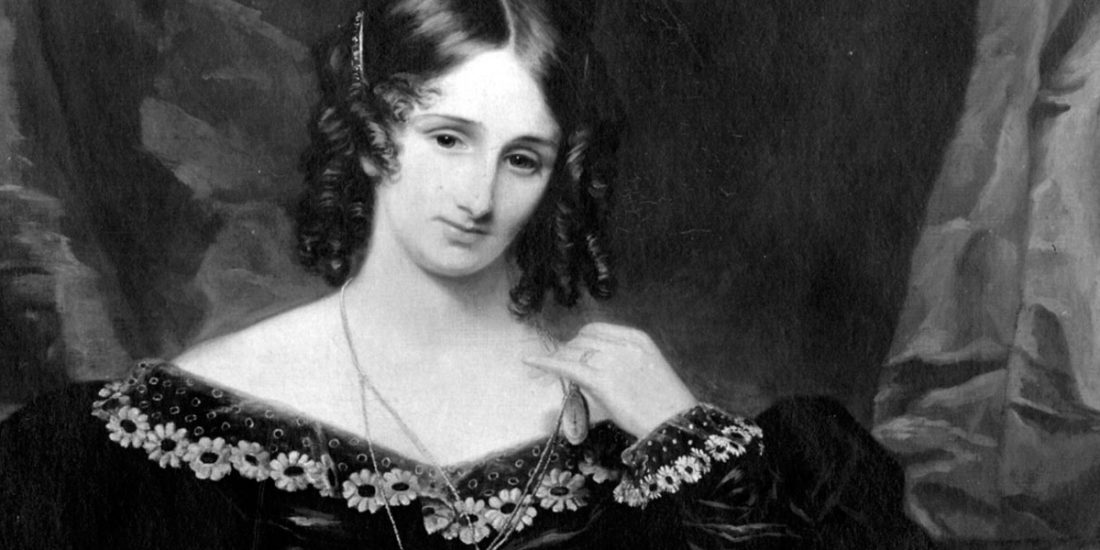 A black and white painting of Mary Shelley in a black dress.