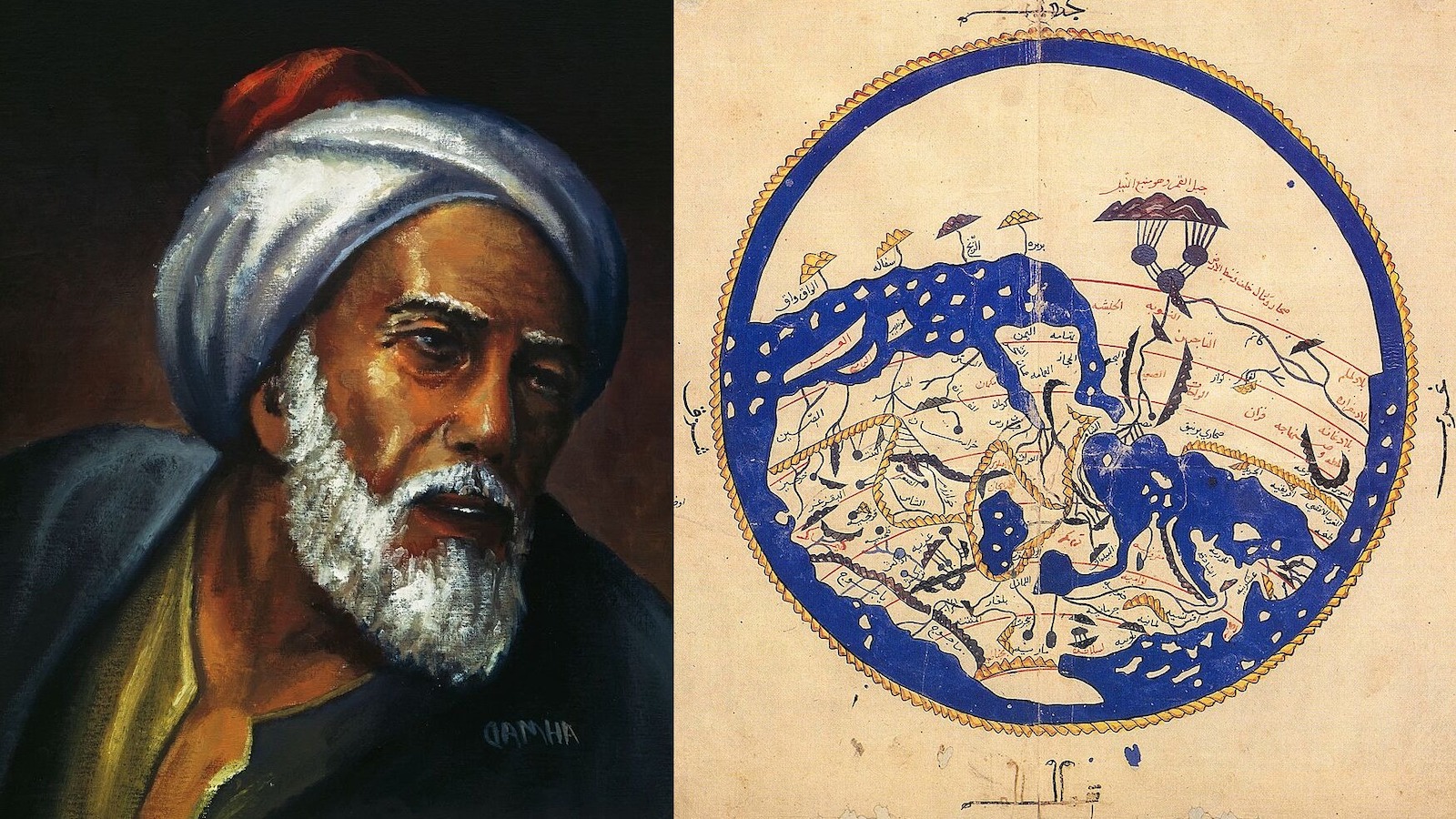 A painting of a man with a turban and a map.
