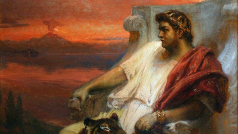 A painting of Nero sitting on a throne with a loyal dog.