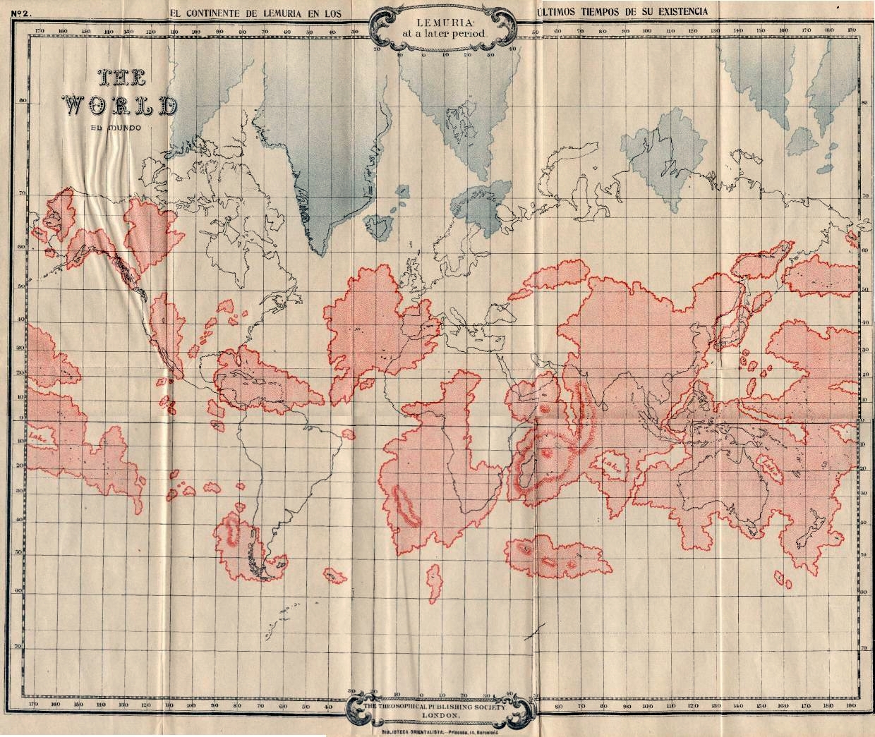 Old map of the world with red lines.