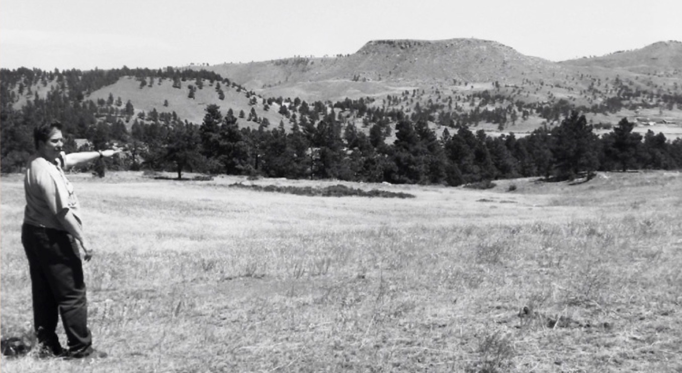 A man standing in a field with mountains in the background.