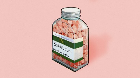 A bottle of pills illustration on a pink background.