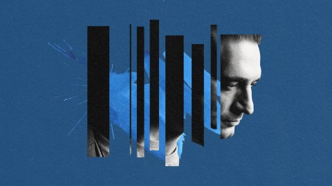 A blue background with a man's face behind bars depicting depression.