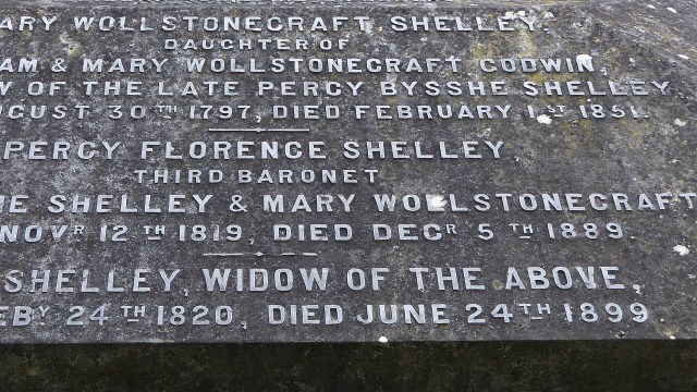 A gravestone with inscriptions on it related to Mary Shelley.