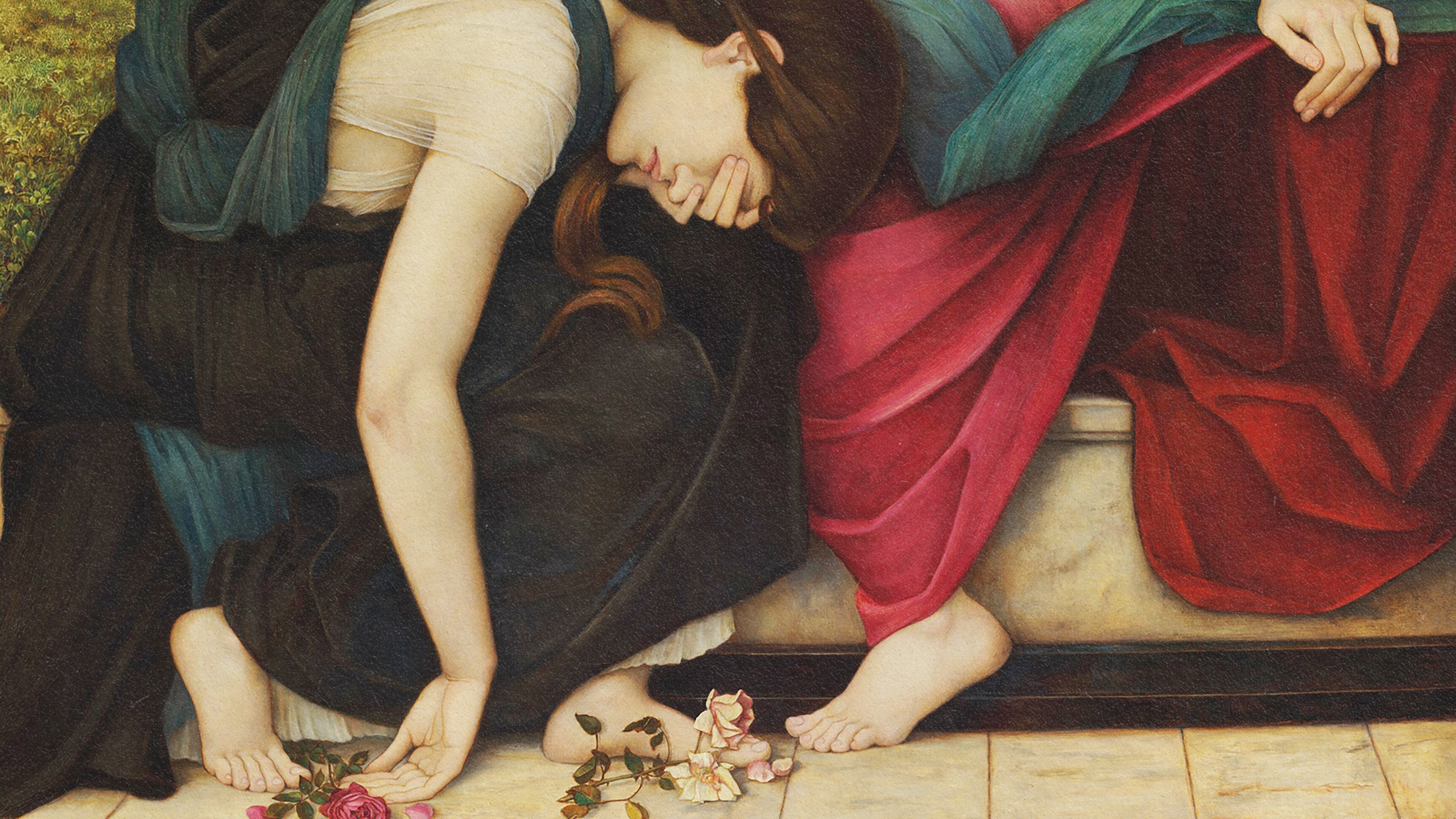Keywords: grief, flowers
Description: A depiction of a sorrowful woman surrounded by flowers, symbolizing the stages of grief.