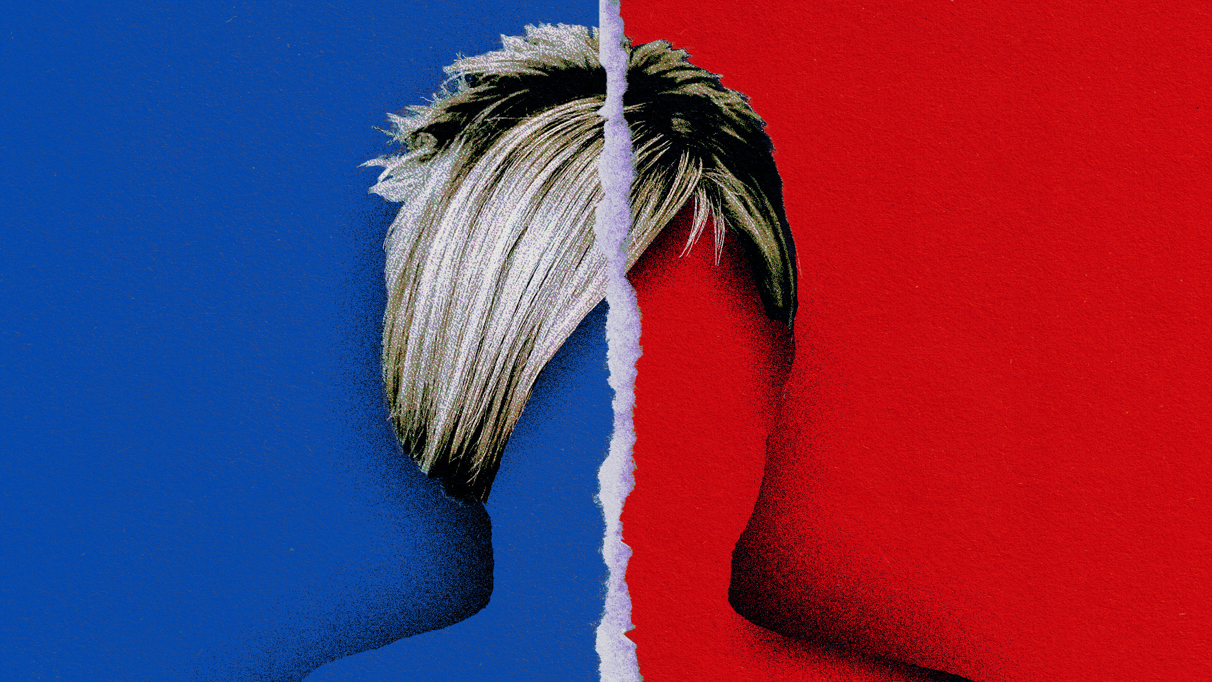 A woman's head is cut in half, eliciting diverse thoughts with a blue and red background.