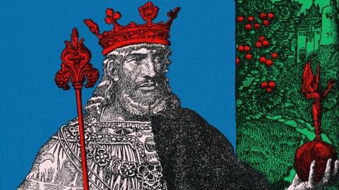 An illustration of a royal holding a red apple.
