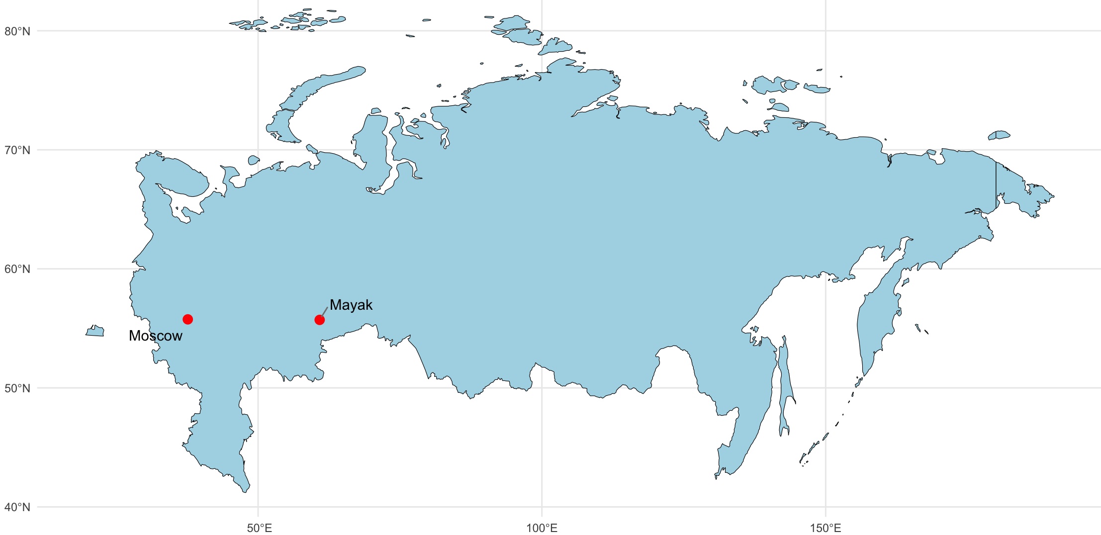 A map showing the location of Russia, specifically highlighting Mayak and Moscow