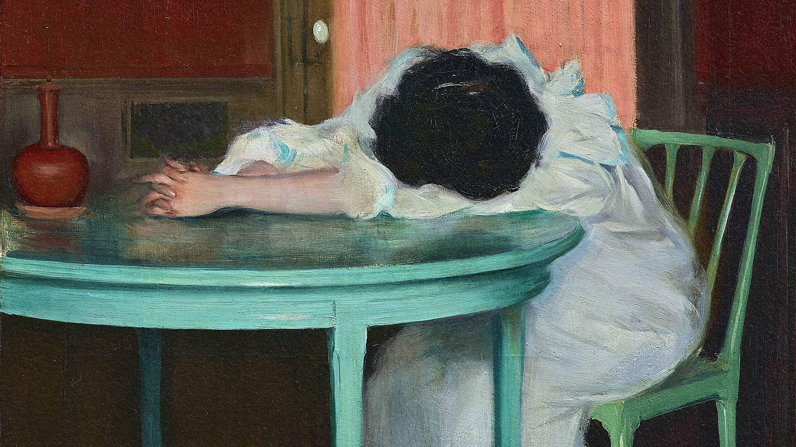 A painting depicting sleep deprivation and a woman asleep at a table.