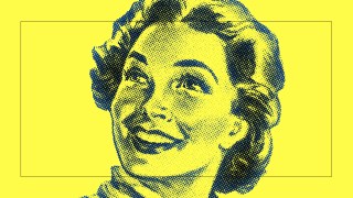 An illustration of a woman smiling on a yellow background.