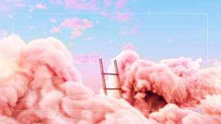 A pink cloud with a ladder in the middle of it.