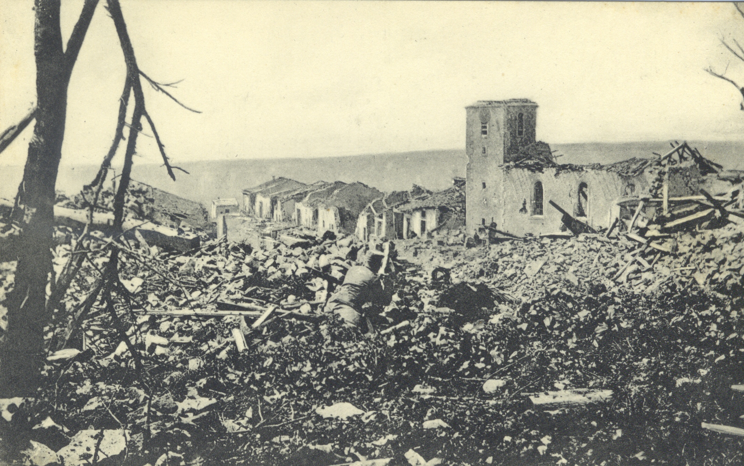 A vintage photograph capturing the wreckage of a village during World War I.