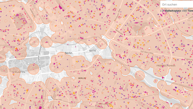 A map of a city with a lot of pink dots.