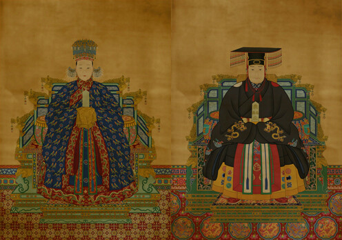 Two Chinese paintings depicting emperors on a throne in China.